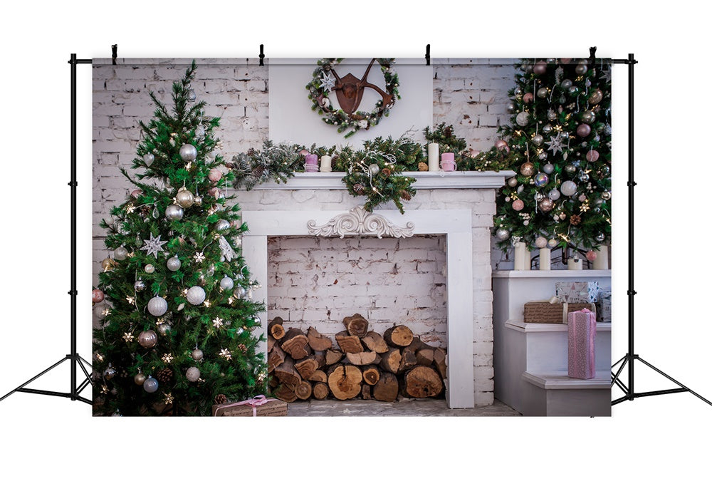 Sfondo Di Muro Di Mattoni Del Camino Dell'Albero Di Natale RR7-817