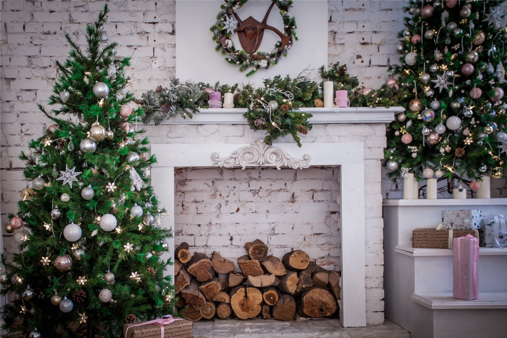 Sfondo Di Muro Di Mattoni Del Camino Dell'Albero Di Natale RR7-817