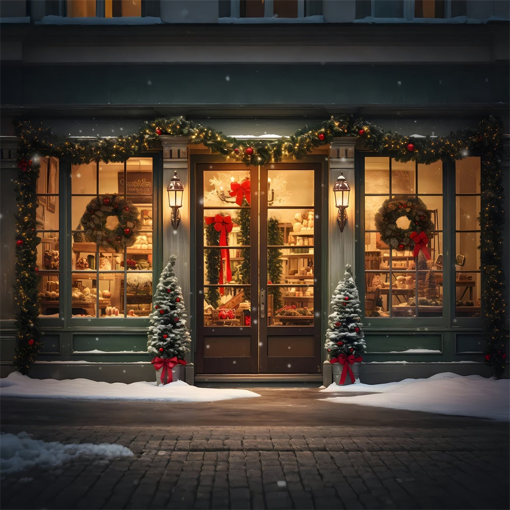 Sfondo Di Ghirlanda Di Neve Albero Negozio Di Natale RR7-825