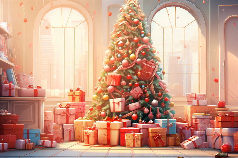 Sfondo Della Finestra Delle Scatole Regalo Dell'Albero Di Natale RR7-828