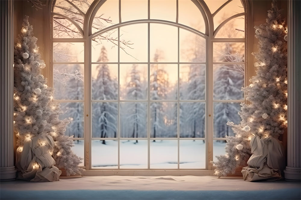 Sfondo Della Foresta Di Neve Della Finestra Dell'Albero Di Natale RR7-833