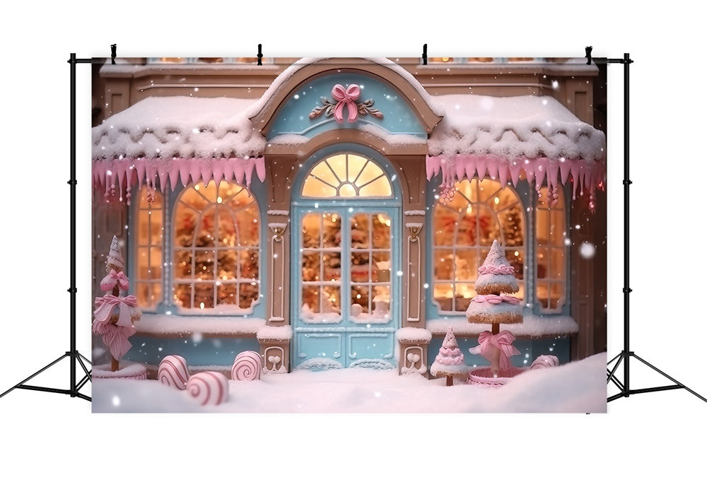 Sfondo Natalizio Con Fiocchi Di Neve Rosa Del Negozio Di Caramelle RR7-834