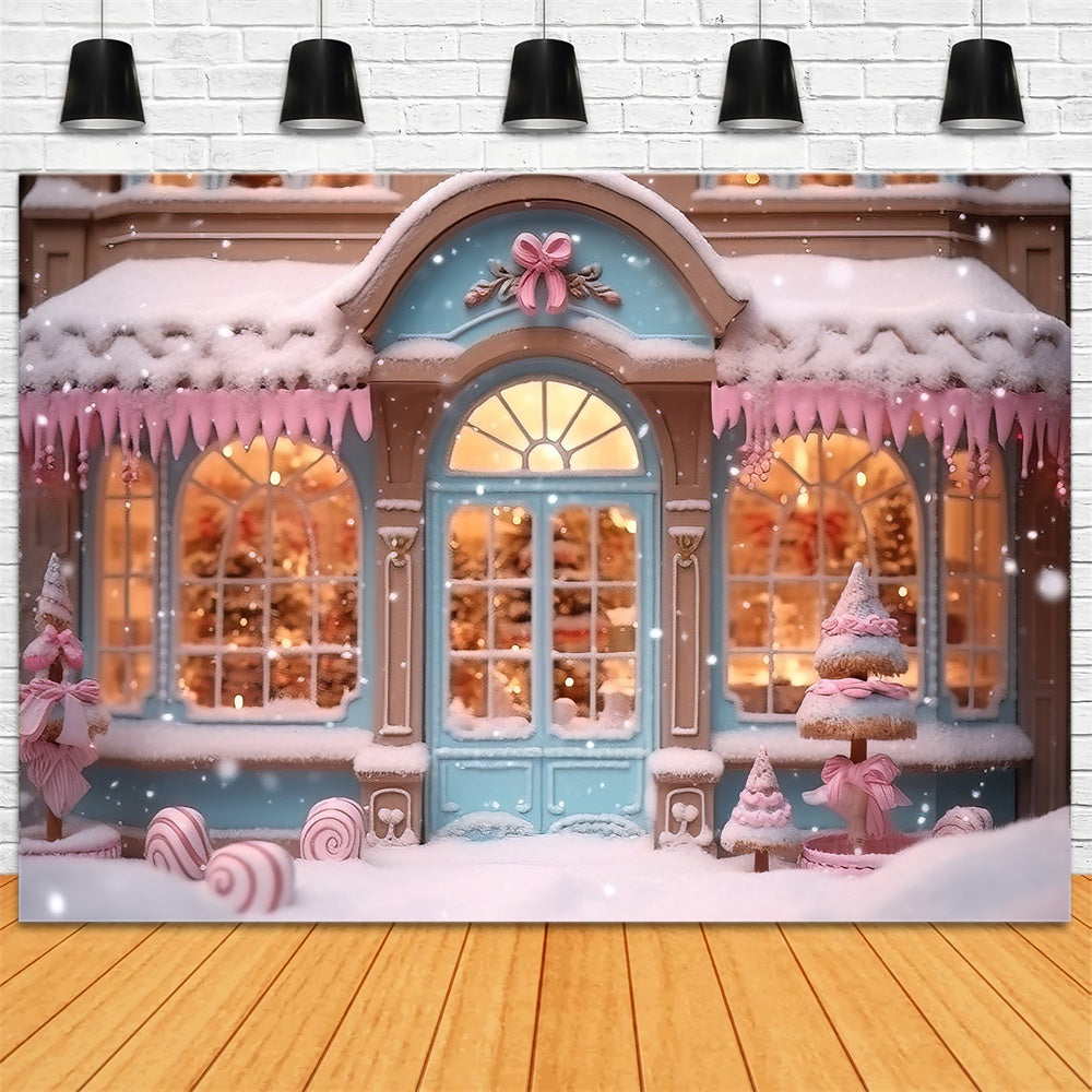 Sfondo Natalizio Con Fiocchi Di Neve Rosa Del Negozio Di Caramelle RR7-834