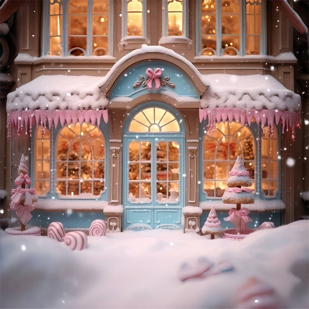 Sfondo Natalizio Con Fiocchi Di Neve Rosa Del Negozio Di Caramelle RR7-834