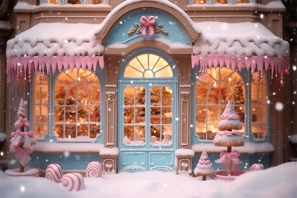 Sfondo Natalizio Con Fiocchi Di Neve Rosa Del Negozio Di Caramelle RR7-834