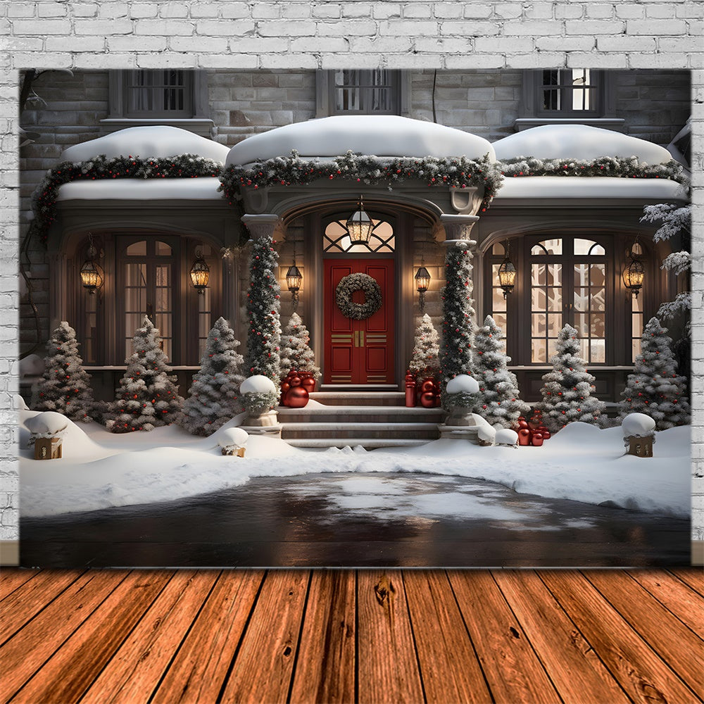 Sfondo Della Casa Innevata Della Notte Degli Alberi Di Natale RR7-847