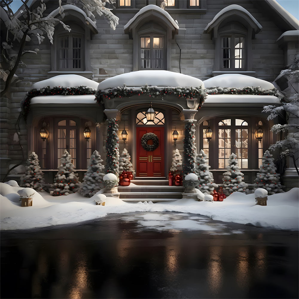 Sfondo Della Casa Innevata Della Notte Degli Alberi Di Natale RR7-847