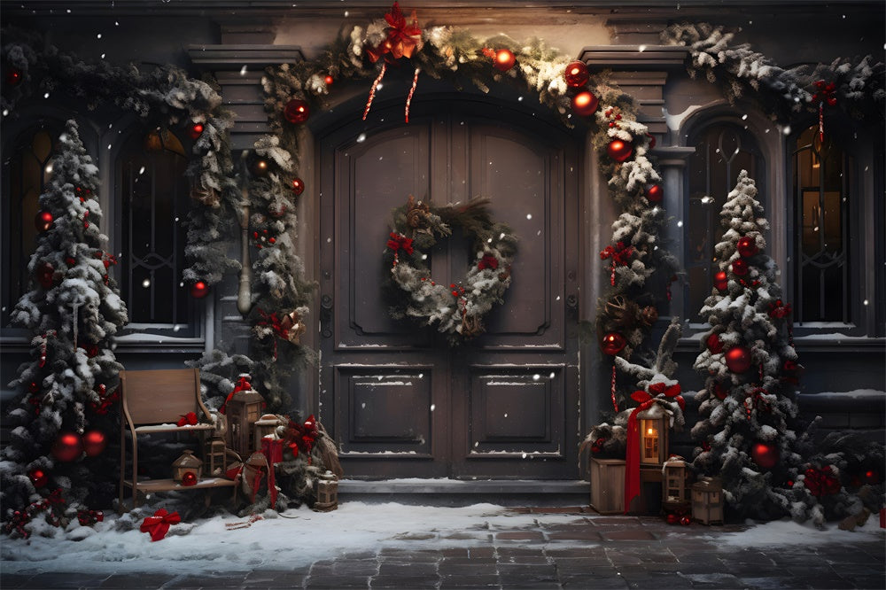 Sfondo Di Neve Con Porta Ghirlanda Di Alberi Di Natale RR7-848