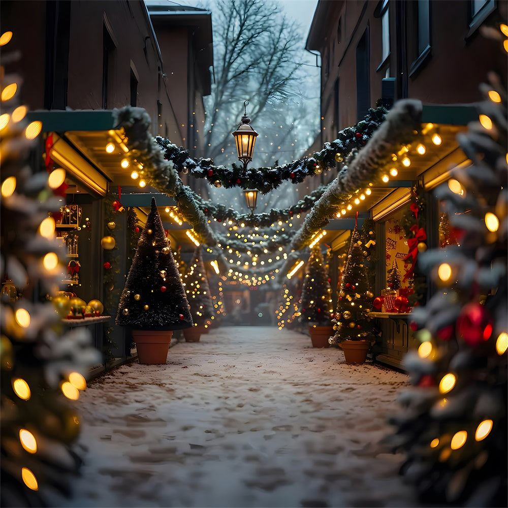 Sfondo Luminoso Di Strada Innevata Con Albero Di Natale RR7-858