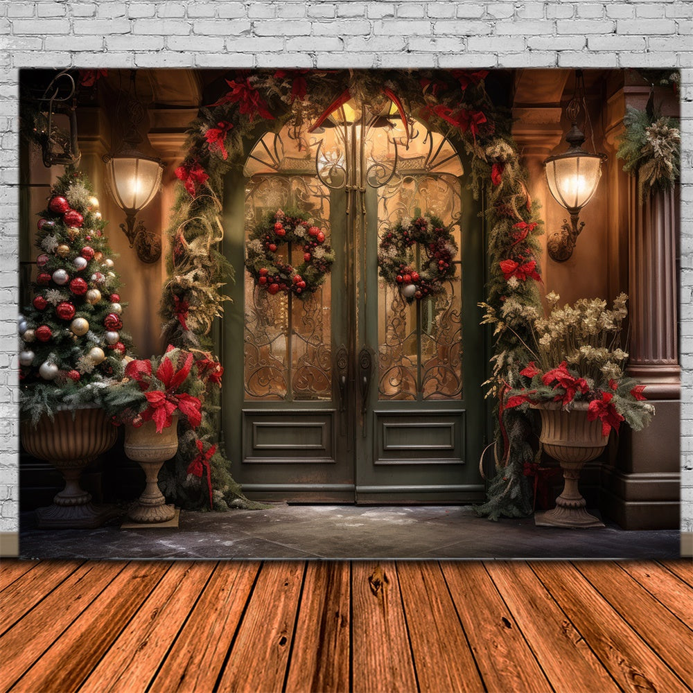 Sfondo Della Porta D'Ingresso Con Ghirlanda Di Albero Di Natale RR7-863
