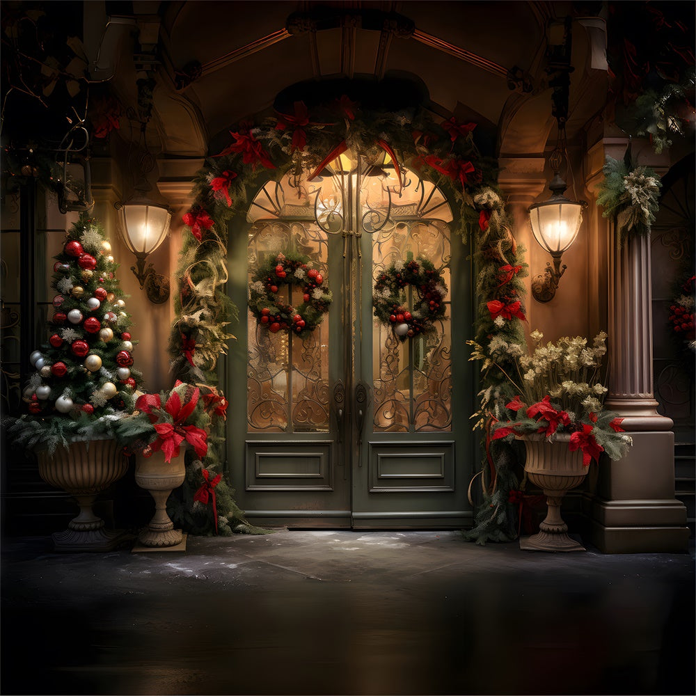 Sfondo Della Porta D'Ingresso Con Ghirlanda Di Albero Di Natale RR7-863
