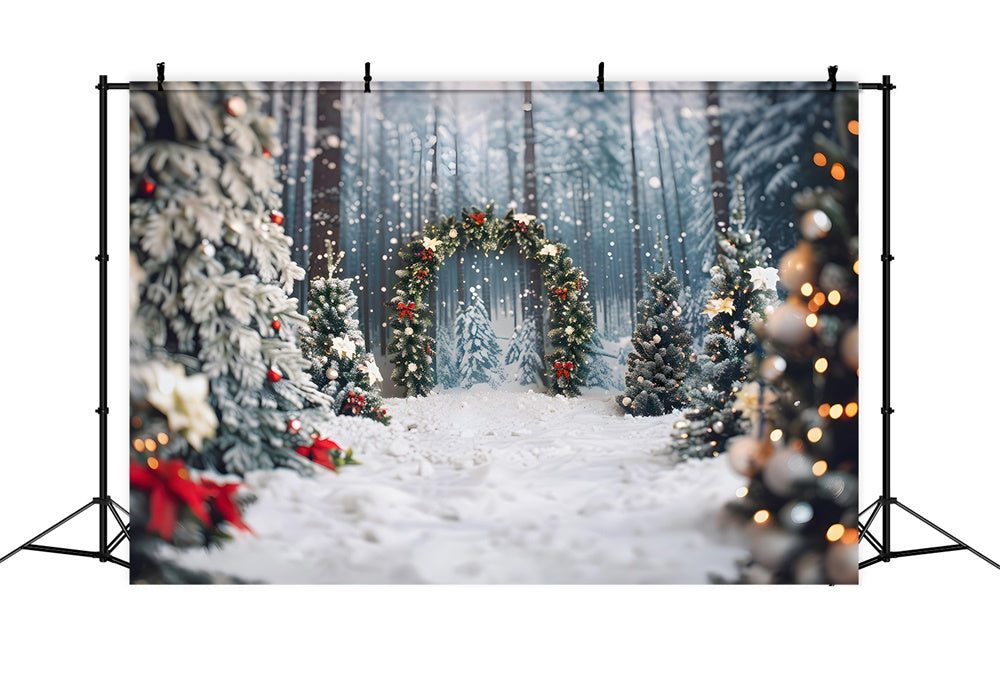 Sfondo Di Arco Con Ghirlande Di Alberi Di Natale Innevati RR7-865