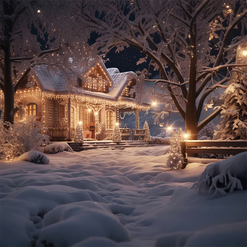 Sfondo Di Casa Serale Con Albero Di Natale In Neve RR7-867