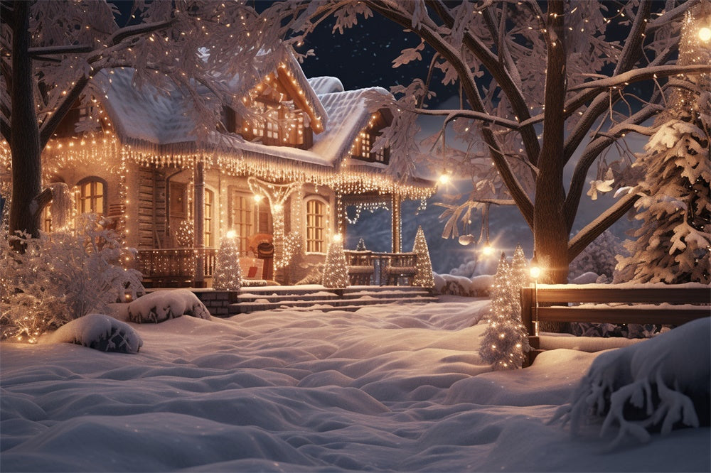 Sfondo Di Casa Serale Con Albero Di Natale In Neve RR7-867