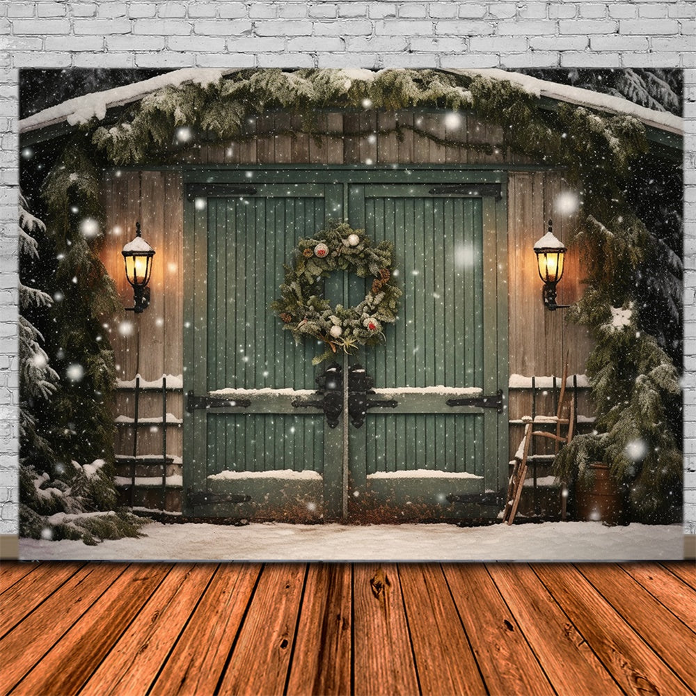 Sfondo Della Cabina Dei Boschi Con Fiocchi Di Neve Dell'Albero Di Natale RR7-871