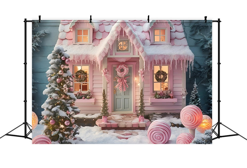 Sfondo Di Casa Di Caramelle Rosa Con Albero Di Natale RR7-878