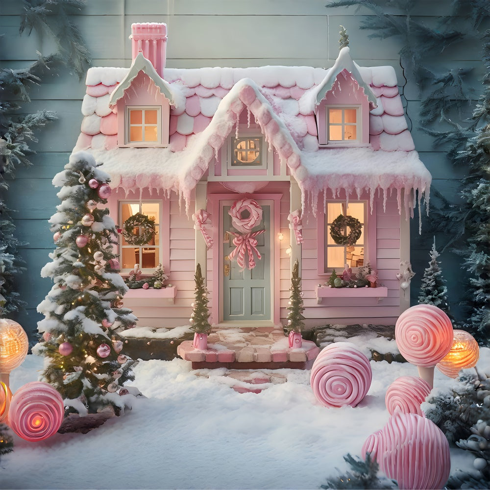 Sfondo Di Casa Di Caramelle Rosa Con Albero Di Natale RR7-878