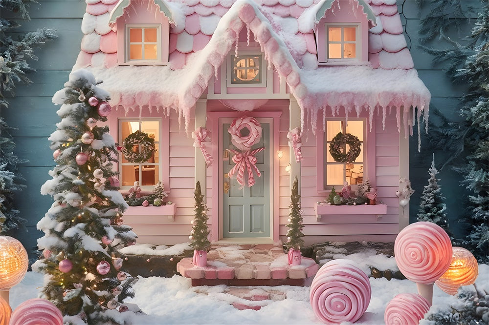 Sfondo Di Casa Di Caramelle Rosa Con Albero Di Natale RR7-878