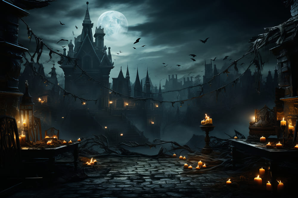 Sfondo Di Candele Del Castello Infestato Di Halloween RR7-89