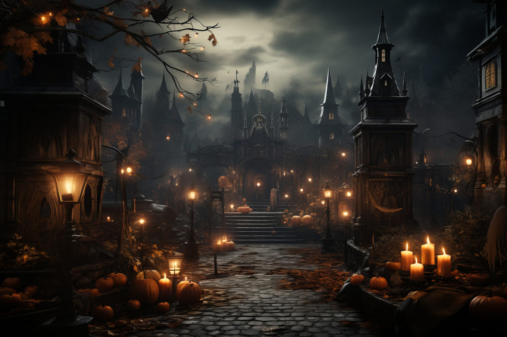 Sfondo Di Zucche Con Candele Del Castello Di Halloween RR7-91