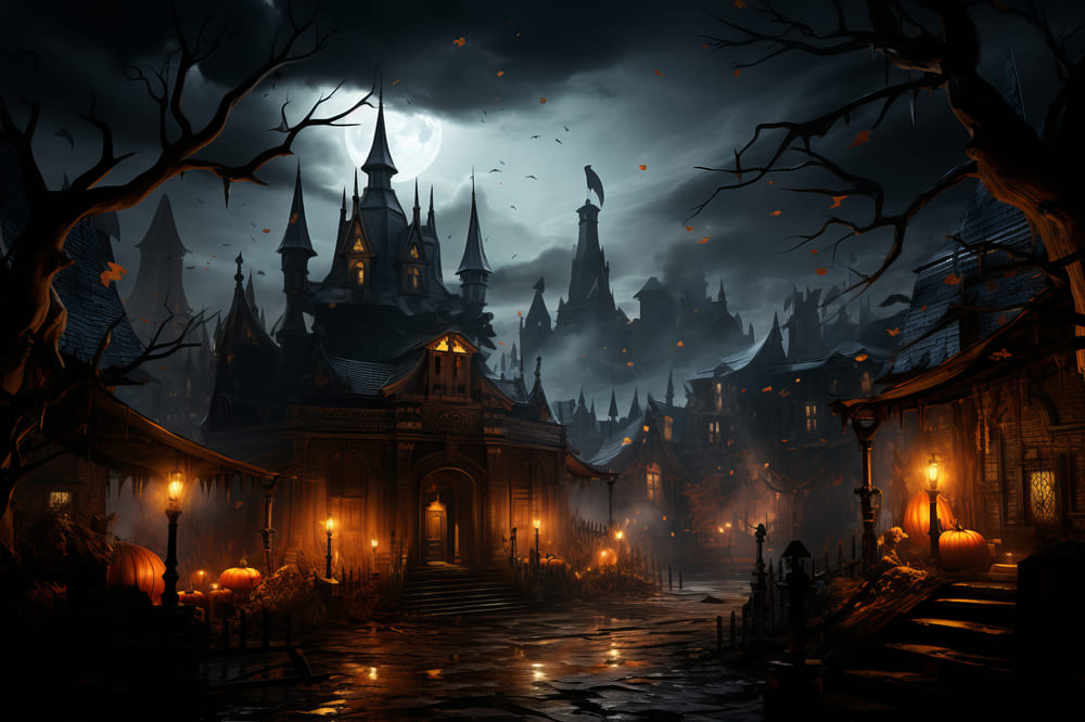Sfondo Delle Lanterne Del Castello Spettrale Di Halloween RR7-94