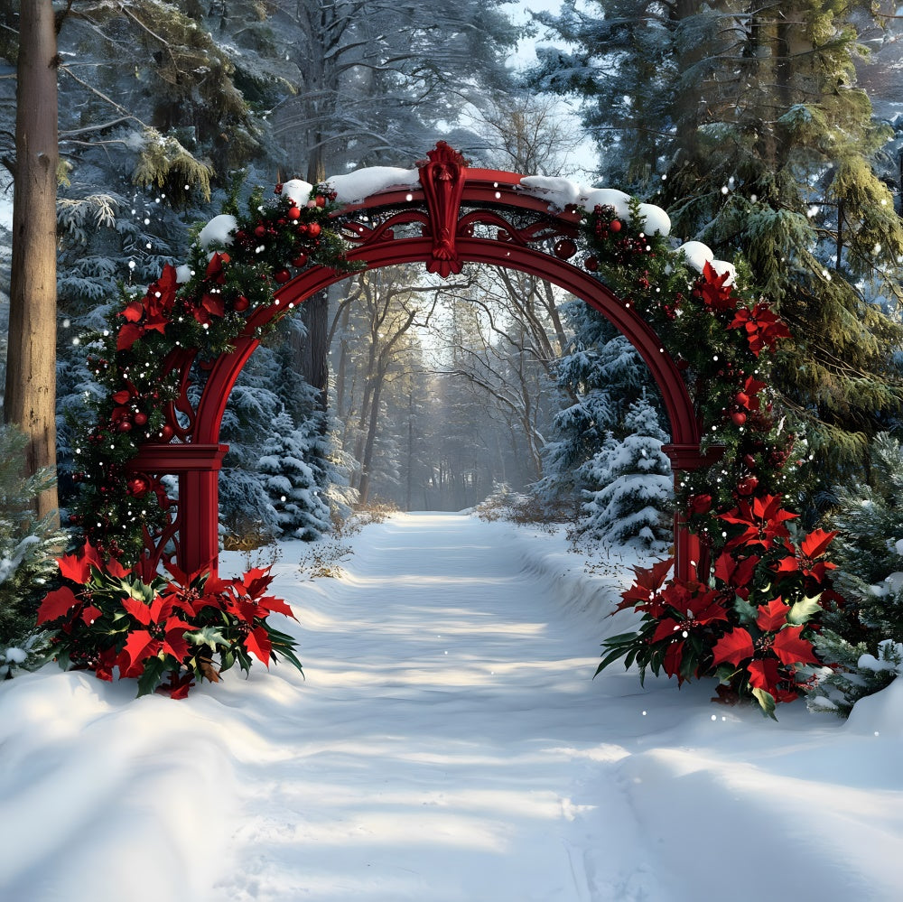 Sfondo Di Alberi Di Neve Con Ghirlanda Di Natale Poinsettia RR8-100