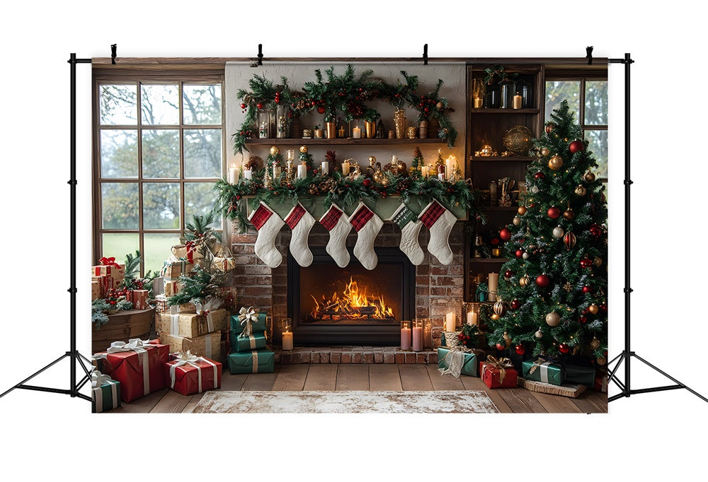Sfondo Del Caminetto Con Calze Per Albero Di Natale RR8-111