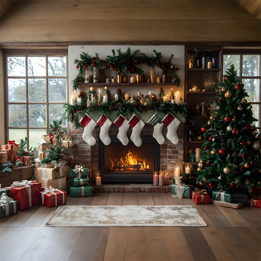 Sfondo Del Caminetto Con Calze Per Albero Di Natale RR8-111