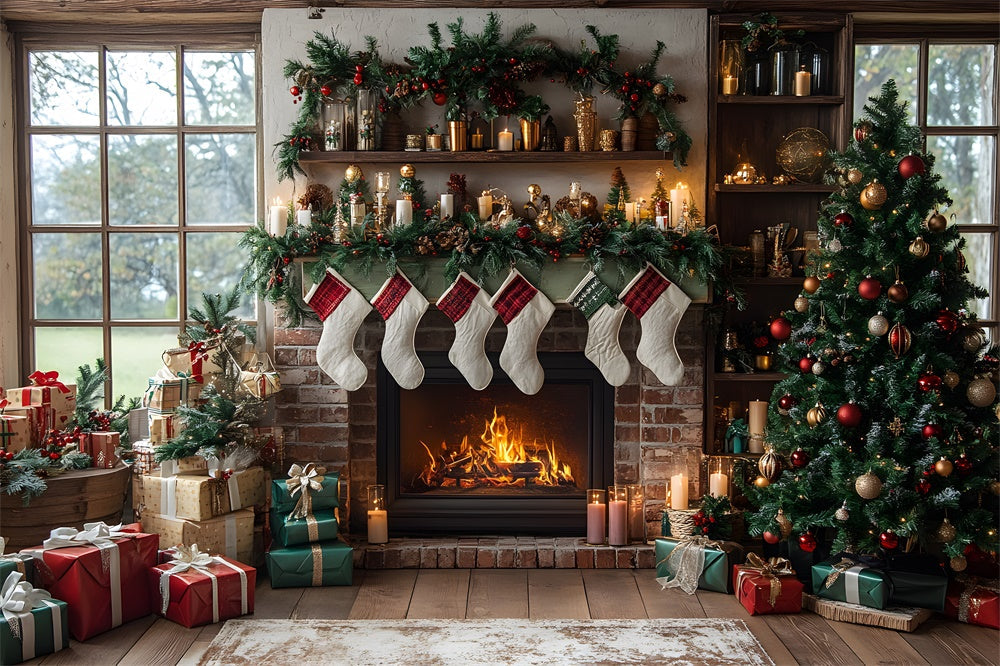 Sfondo Del Caminetto Con Calze Per Albero Di Natale RR8-111