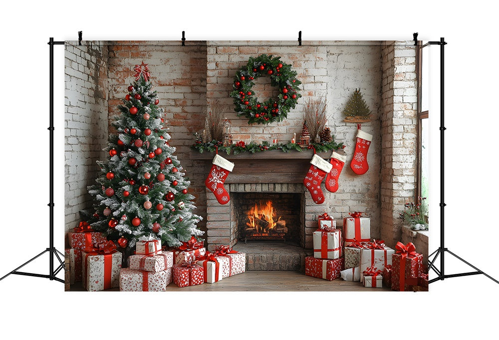 Sfondo Di Calze Per Camino Con Muro Di Mattoni Di Natale RR8-115