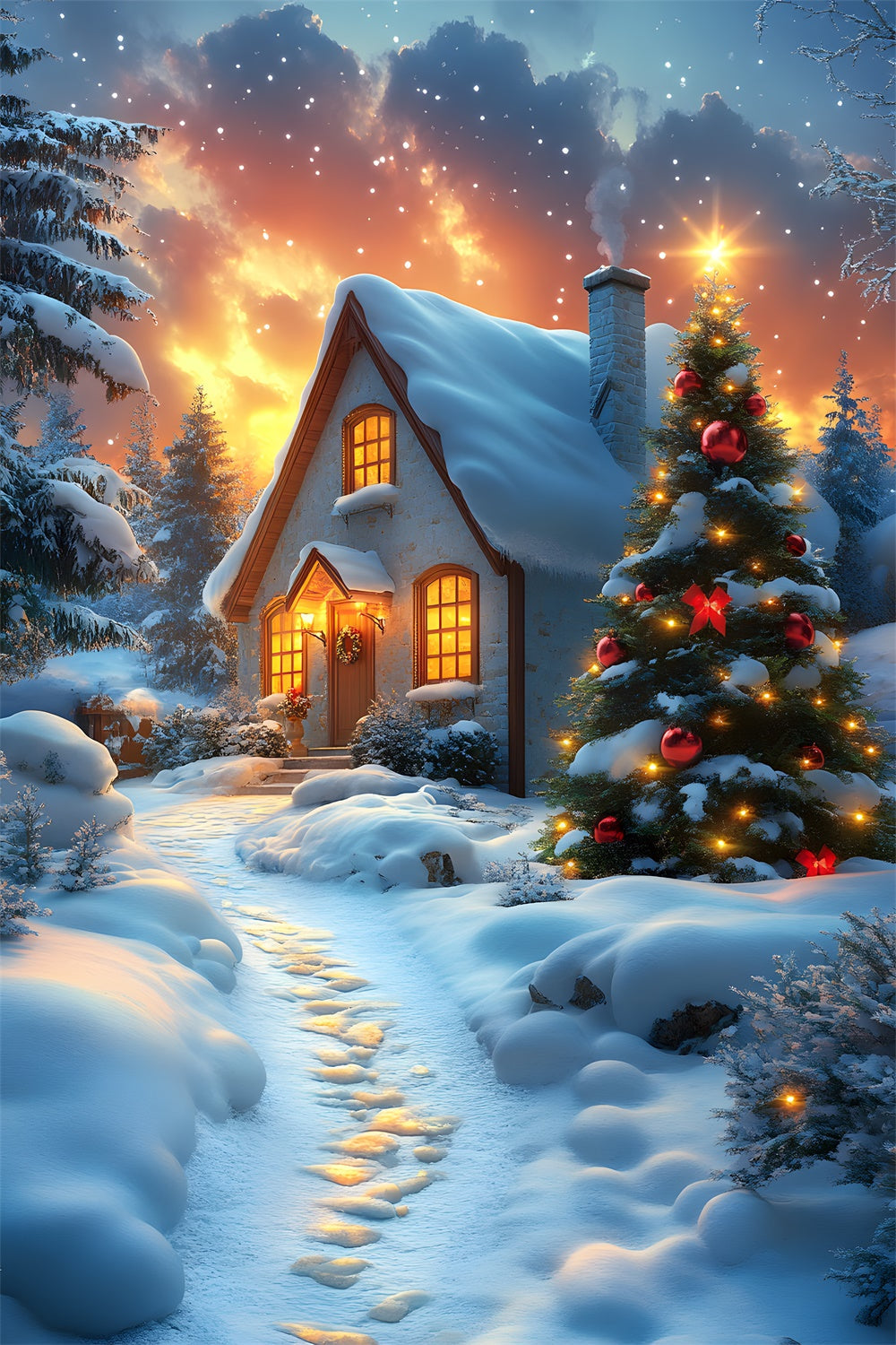 Sfondo Della Casa Delle Stelle Della Notte Di Neve Di Natale RR8-122