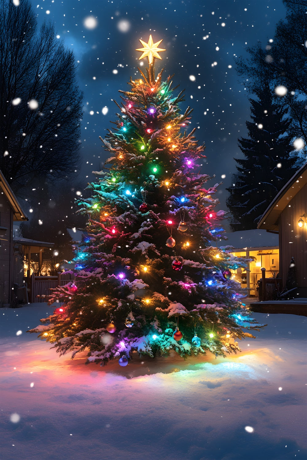 Sfondo Di Neve Con Luci Colorate Dell'Albero Di Natale RR8-126