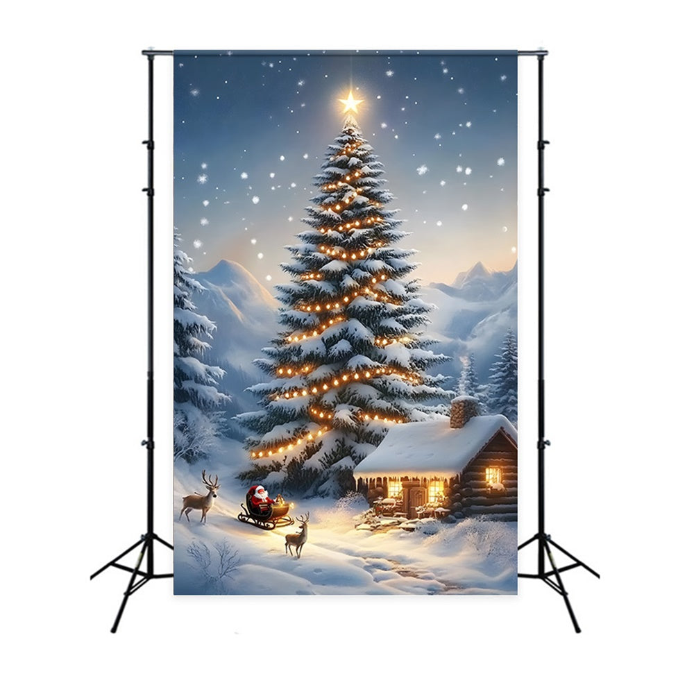 Sfondo Innevato Con Renne E Casa Sull'Albero Di Natale RR8-129