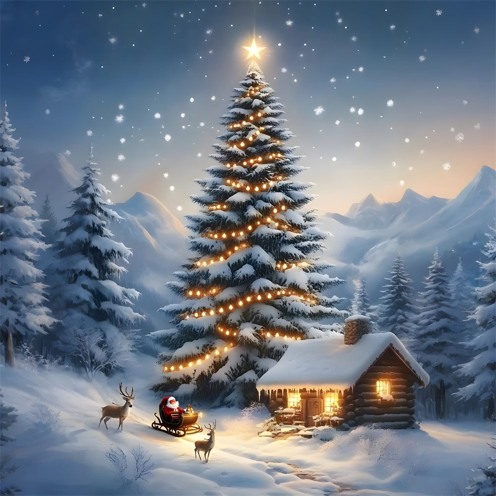 Sfondo Innevato Con Renne E Casa Sull'Albero Di Natale RR8-129