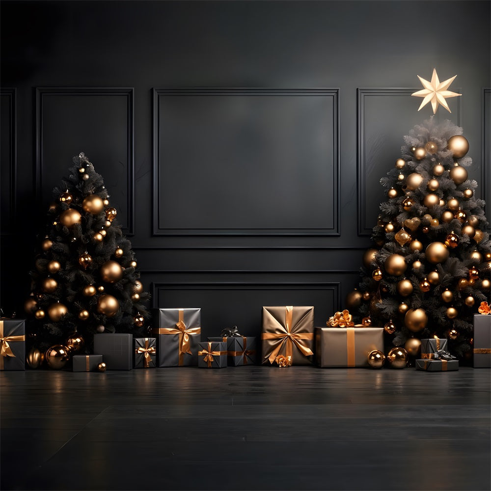 Sfondo Di Alberi Ornamentali In Oro Nero Natalizio RR8-132