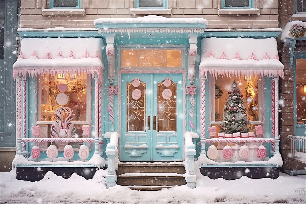 Sfondo Anteriore Del Negozio Di Candyland Innevato Di Natale RR8-149