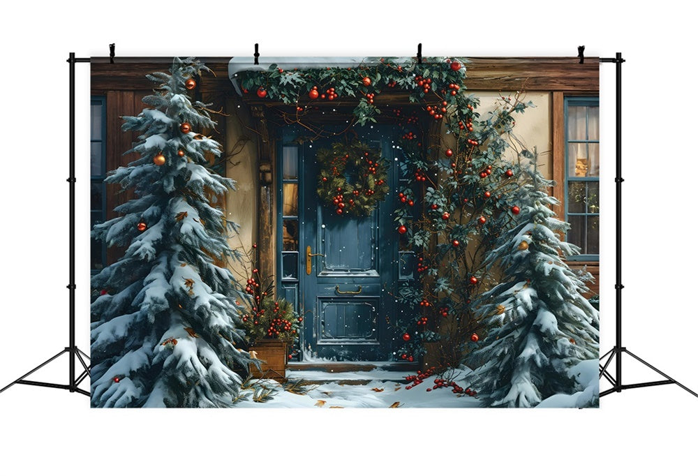 Sfondo Festivo Di Ghirlanda Di Porta Blu Natalizia RR8-183