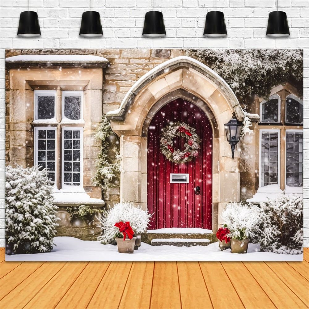 Sfondo Di Ghirlande Natalizie Rosse Innevate Sulla Porta RR8-195