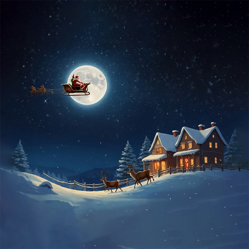 Slitta Di Babbo Natale Sullo Sfondo Del Villaggio Al Chiaro Di Luna RR8-235