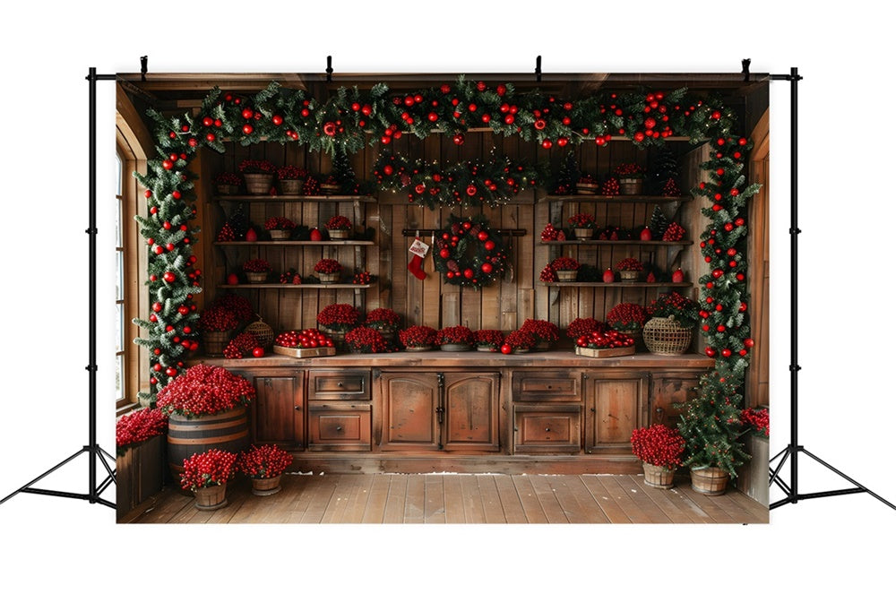 Sfondo Di Bacche Rosse In Cabina Rustica Di Natale RR8-258