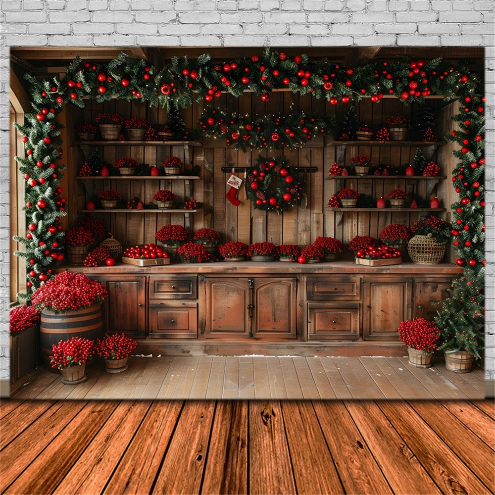 Sfondo Di Bacche Rosse In Cabina Rustica Di Natale RR8-258