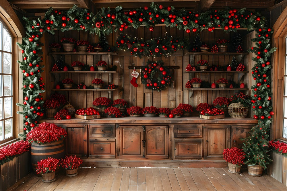 Sfondo Di Bacche Rosse In Cabina Rustica Di Natale RR8-258