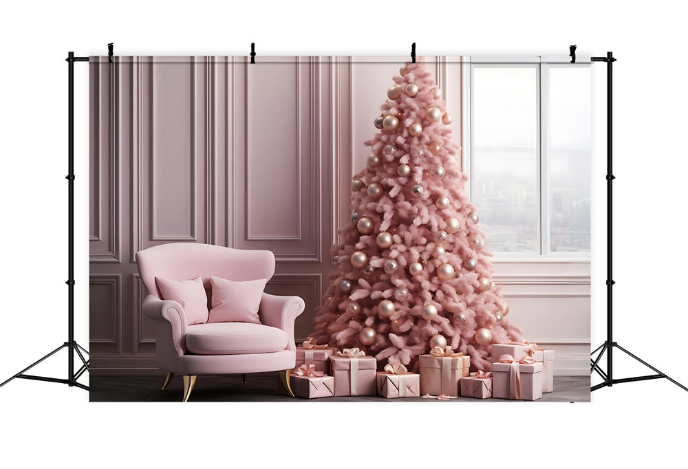 Sfondo Natalizio Rosa Elegante Soggiorno Con Albero RR8-263