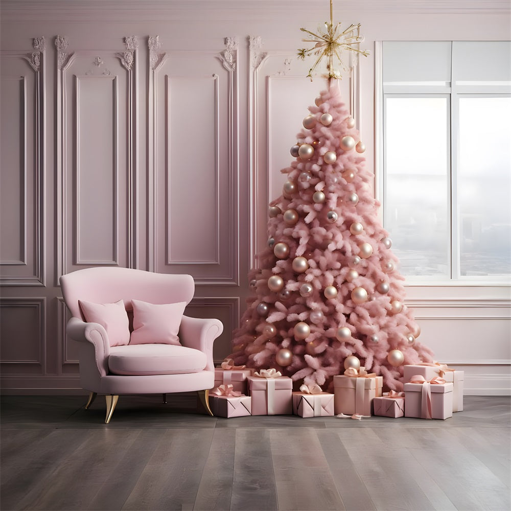 Sfondo Natalizio Rosa Elegante Soggiorno Con Albero RR8-263
