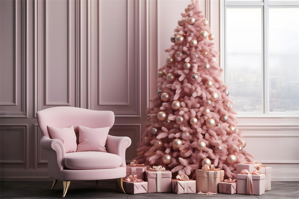 Sfondo Natalizio Rosa Elegante Soggiorno Con Albero RR8-263