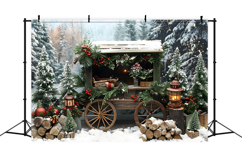 Sfondo Di Carrello In Legno Di Abeti Innevati Di Natale RR8-3