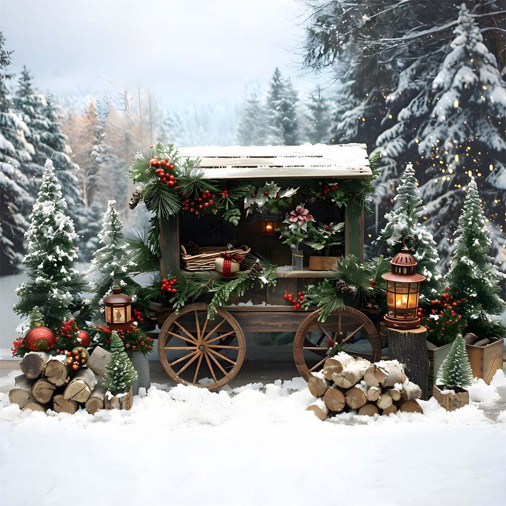 Sfondo Di Carrello In Legno Di Abeti Innevati Di Natale RR8-3