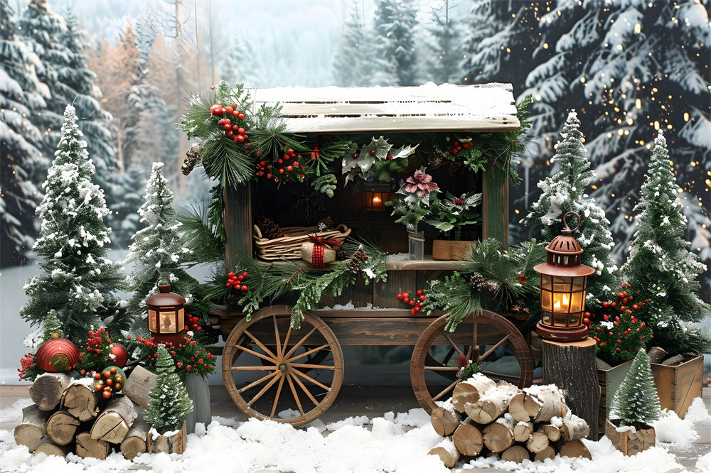 Sfondo Di Carrello In Legno Di Abeti Innevati Di Natale RR8-3