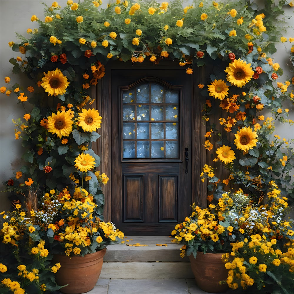 Sfondo Autunnale Porta Decorata Con Ghirlanda Di Girasoli RR8-315