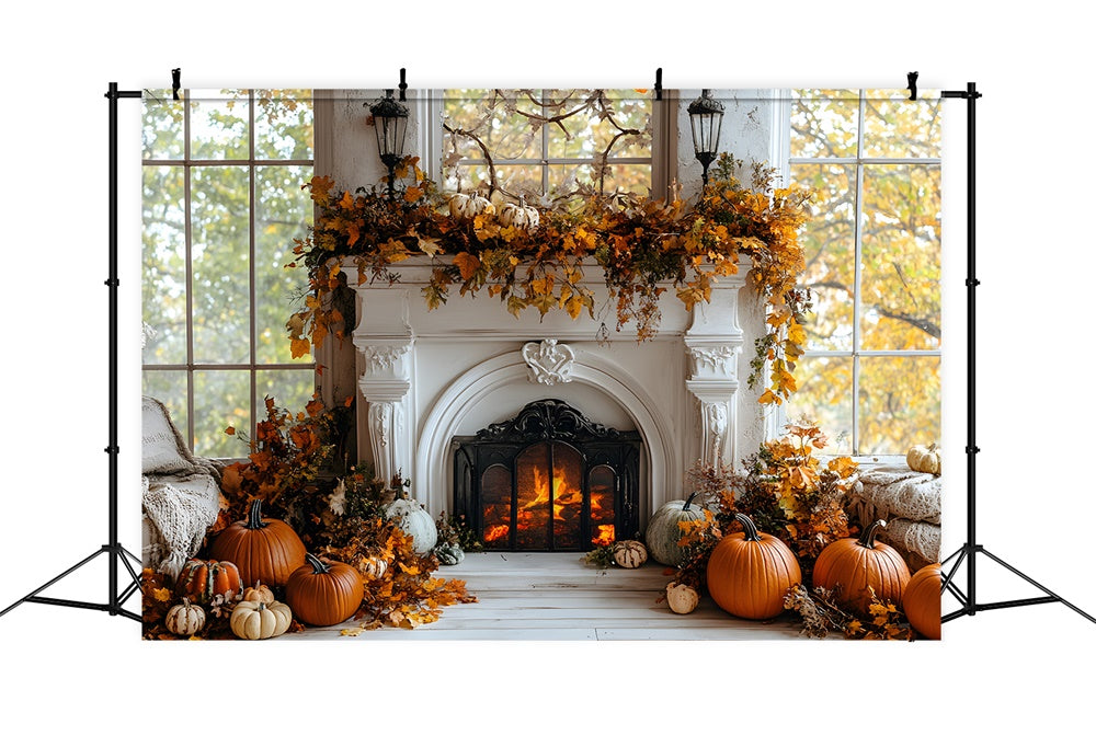 Sfondo Di Zucca Con Camino Con Foglie Secche Autunnali RR8-320